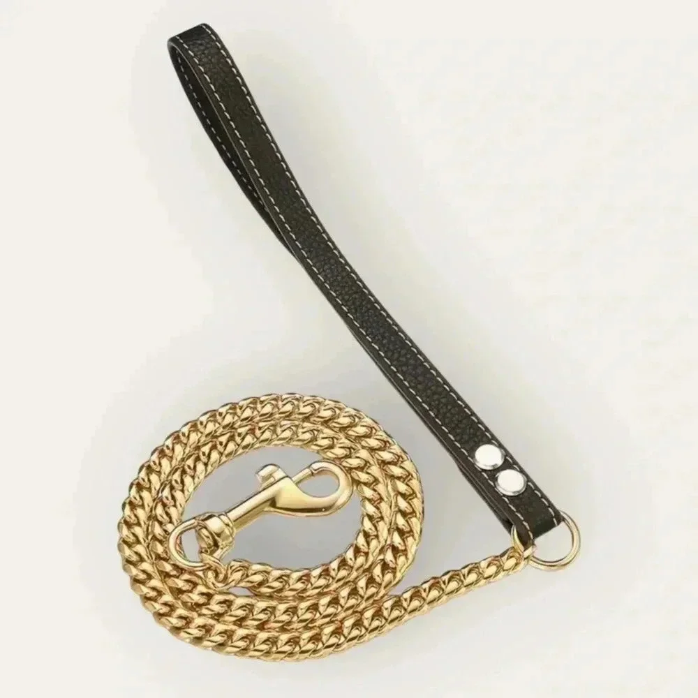 18K Gold Plated Dog Chain Leash Designer Trendy Show Training Black Handle